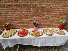 San Leone Mobile Pizza | Foodtruck & Catering Solingen - Italienisches Fingerfood-Buffet mit mehreren Antipasti-Platten auf einem festlich dekorierten Tisch. Vegetarische Vorspeisen, Gemüsespieße und mediterrane Häppchen für Veranstaltungen.