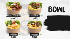 Menübild mit vier Bowls (Hähnchen Gemüse Bowl, Falafel Bowl, Haloumi Bowl, Faloumi Bowl) in braunen Pappschalen: Salat, Pommes, Falafel, gegrillter Halloumi und Hähnchen auf einem hellen, strukturierten Hintergrund. Rechts ein großer schwarzer Pinselstric