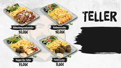 Rustikales Menübild mit vier Tellern: Hähnchen-Gemüseteller (10,00 €), Halloumiteller (10,00 €), Falafelteller (9,00 €) und Veggie-Mix-Teller (11,00 €).