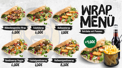 Wrap-Menü mit sechs Wrap-Varianten: Hähnchengemüse Wrap (6,00 €), Falafelwrap (6,00 €), Halloumiwrap (7,00 €), Gemüserap Veggie (6,00 €), Falafelgemüsewrap (7,50 €) und Halloumigemüsewrap (8,50 €)