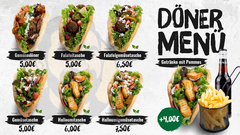 Döner-Menü mit sechs Varianten: Gemüsedöner (5,00 €), Falafeltasche (5,00 €), Falafelgemüsetasche (6,50 €), Gemüsetasche (5,00 €), Halloumitasche (6,00 €) und Halloumigemüsetasche (7,50 €).