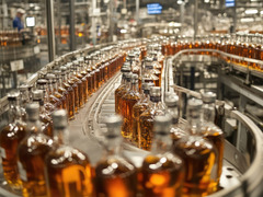 Flaschen auf einem modernen Forderband bei LiquidVisions in Endingen bei Freiburg.