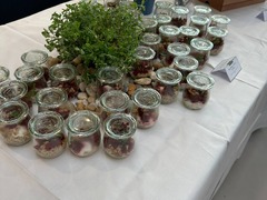 dean&david Catering | Karlsruhe - Kreatives Catering Buffet mit Salaten im Glas, frischen Kräutertöpfen, Steindekoration und Wraps für moderne Veranstaltungsgastronomie.
