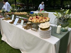 Die Feinschmecker Catering & Partyservice Hamburg - Stilvoll angerichtete Fingerfood-Station bei einem Outdoor Event im Hamburger Grünen mit gefüllten Teigtaschen, Antipasti-Platten, Blumenarrangements und Kerzenlicht.