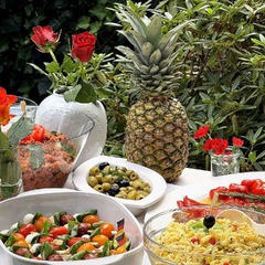 Die Feinschmecker Catering & Partyservice Hamburg - Buntes Catering-Buffet mit Salaten, Oliven, Antipasti, frischem Gemüse und dekorativer Ananas. Mediterranes Buffet für Feiern, Veranstaltungen und Partyservice in Hamburg.