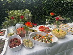 Die Feinschmecker Catering & Partyservice Hamburg - Großes mediterranes Buffet im Garten mit verschiedenen Salaten, Antipasti, Oliven, Gemüse und kleinen Obstportionen. Catering-Aufbau für private Feiern und Veranstaltungen.