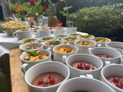 Die Feinschmecker Catering & Partyservice Hamburg - Nahaufnahme von feinem Schokoladenpudding mit echten Rosenknospen und Johannisbeeren, dekorativ angerichtet neben fruchtigem Obstsalat auf einem sommerlichen Eventbuffet.