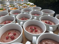 Die Feinschmecker Catering & Partyservice Hamburg - Symmetrisch aufgereihte Dessertschalen mit dunkler Schokoladencreme, garniert mit roten Beeren als eleganter Abschluss für ein exklusives Buffet bei Firmenfeiern oder Hochzeiten.