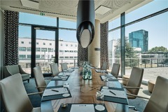 Palais Schaumburg Conference Room at Radisson Blu Hotel Bonn with views of the World Conference Center Bonn (WCCB).