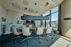Palais Schaumburg Conference Room at Radisson Blu Hotel Bonn with views of the World Conference Center Bonn (WCCB).